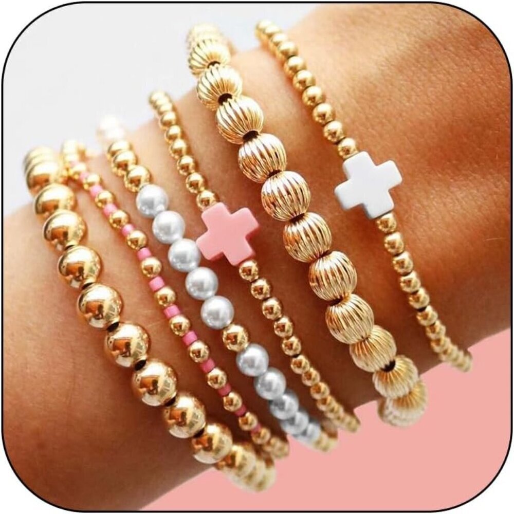 Gold Beaded Bracelet Set Women Jewelry Non Tarnish Chunky Stretch Stackable